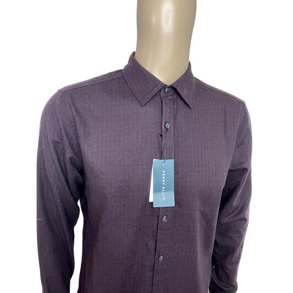 Perry Ellis Men’s Button Down Shirt M Long Sleeves Maroon Checkered Pattern - Picture 6 of 13